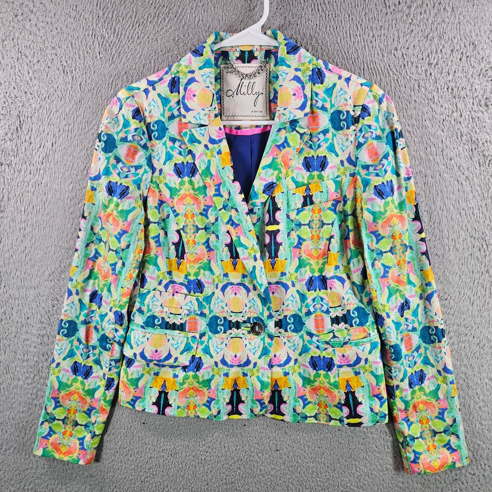 Milly of New York Womens Size 2 Kaleidoscope Print Blazer Multi Color Cotton USA